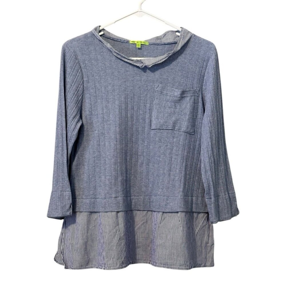 Trisha Tyler Women Blue 3/4 Sleeve Pocket Tiered Blouse Size PM Office Career
